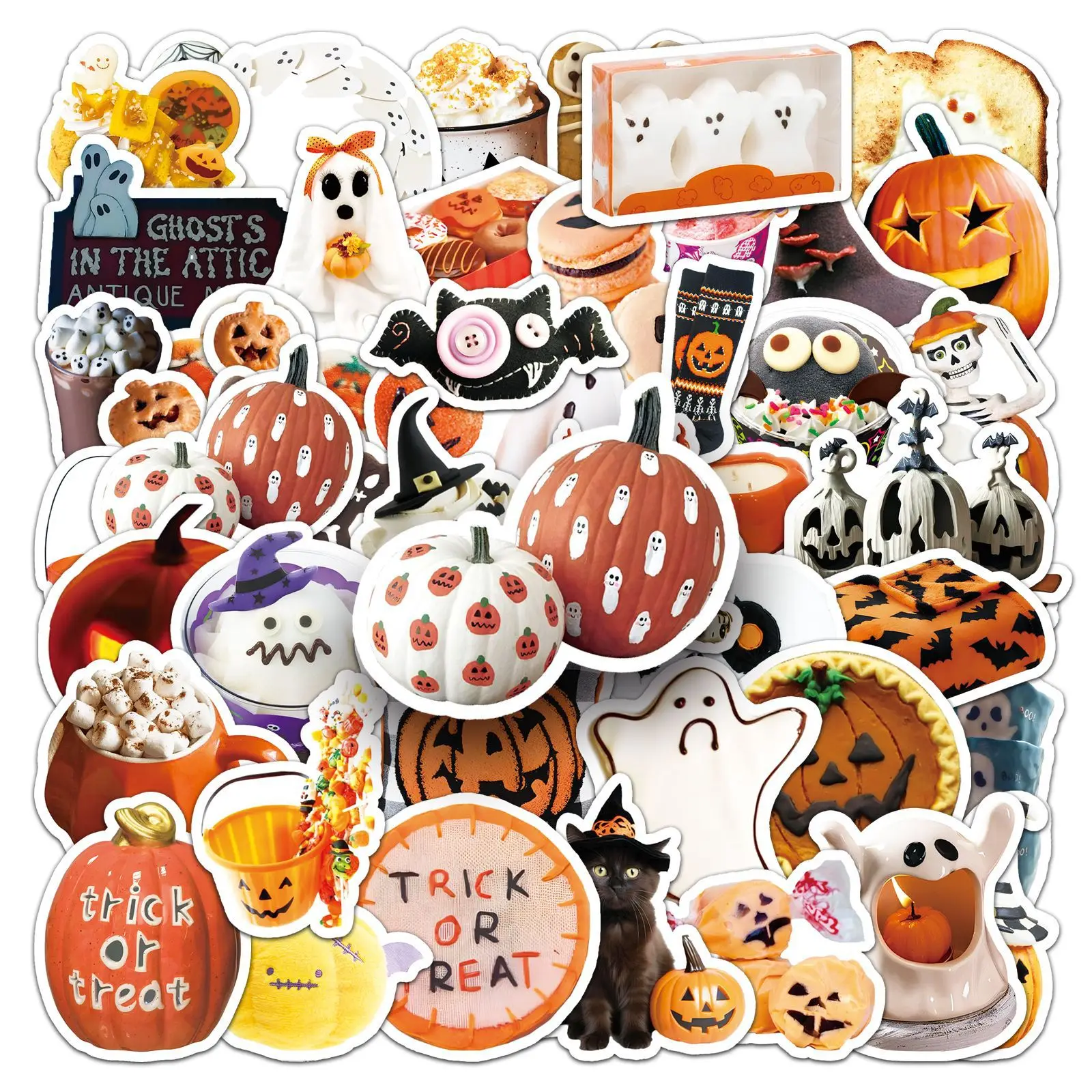 50Pcs/Set Cute Halloween Food Stickers PVC Waterproof Trick or Treat Dessert Vinyl Decals for Laptop Party Favors Gifts