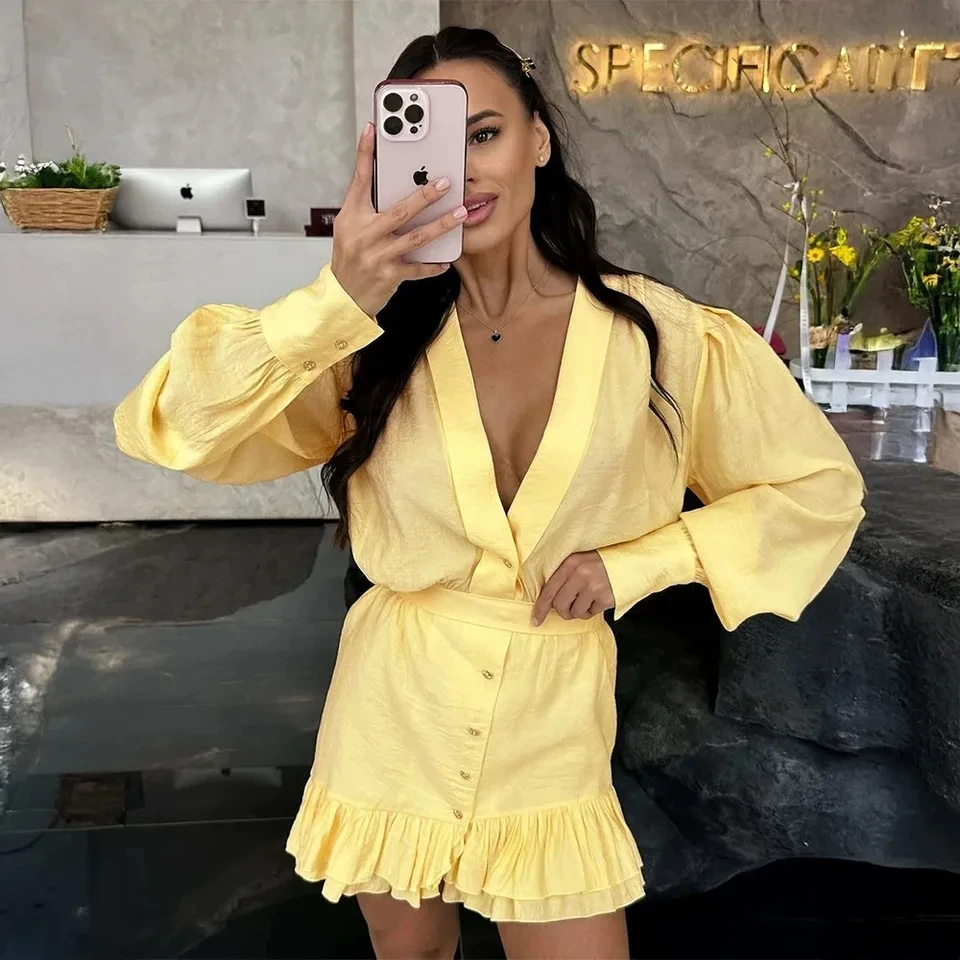 

2026 Spring Summer New Yellow V Neck Lantern Sleeve Ruffles Irregular Hem Slimming Fashion Short Dress