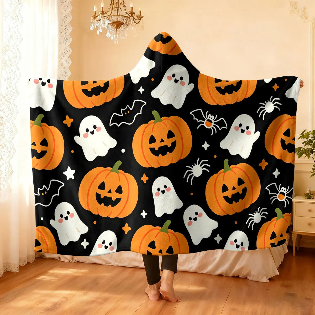 1pc Halloween pumpkin ghost bat spider print hooded blanket flannel hoodie cape blanket, soft and casual  blanket