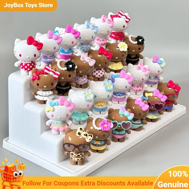 Figuras Miniatura Coleccionables Originales de Hello Kitty Serie Fiesta en la Piscina en Bolsa Sorpresa, Adornos para Coche y Escritorio, Regalo Sorpresa