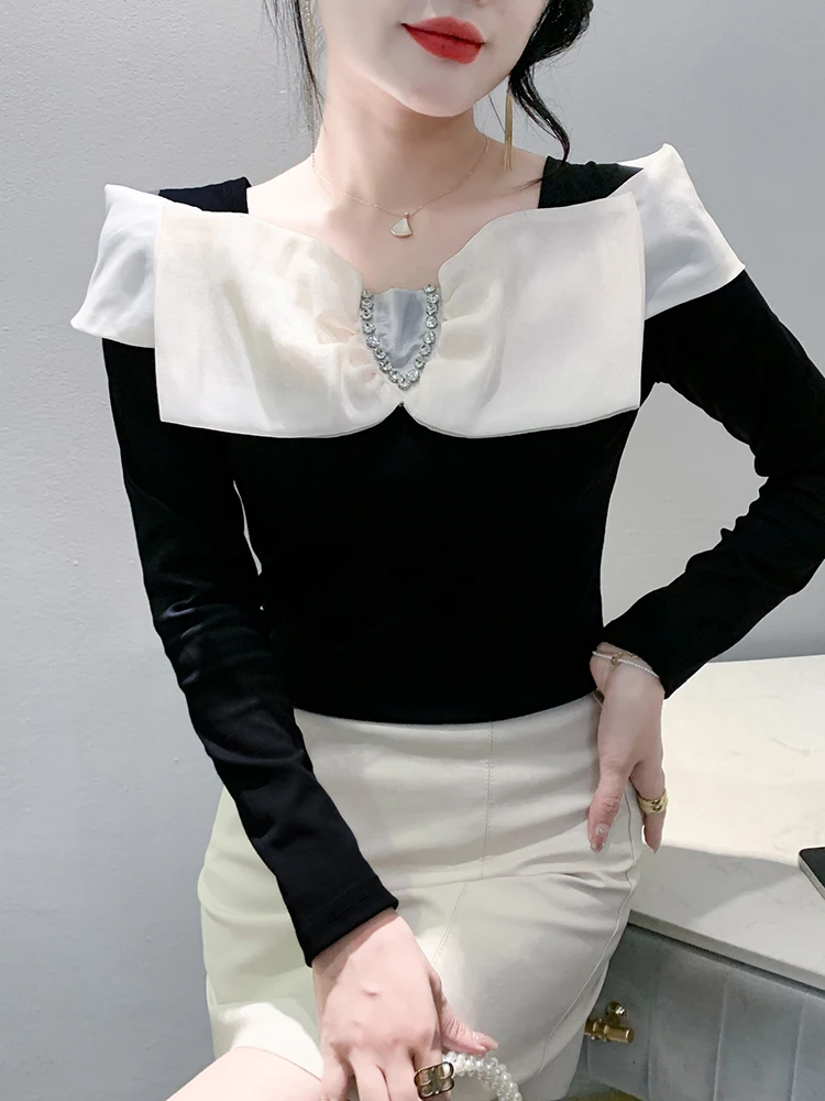 Faionable  Knot Long Sve One oulder T-irt Women's Base irt Sli Versatile Commute Sle Korean Fit Cot...