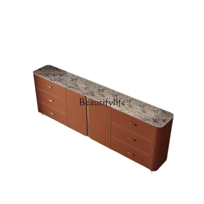 Saddle leather dining side high cabinet integrated against the wall storage light luxury rock slab modern simple secret cabinet