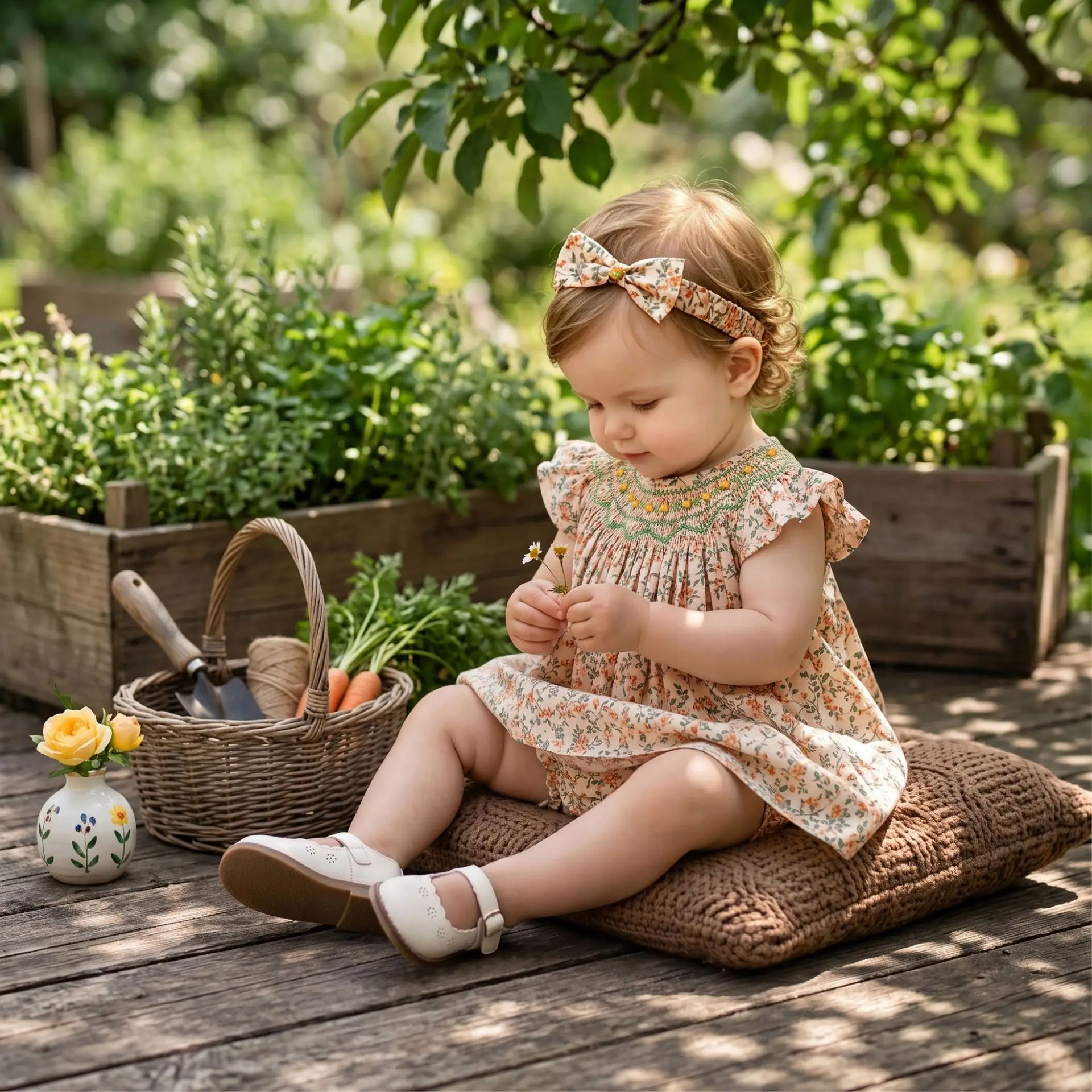 Summer New Girls Baby Forest Style Countryside Style Floral Handmade Beaded Small Flying Sleeve Top Two Piece Set