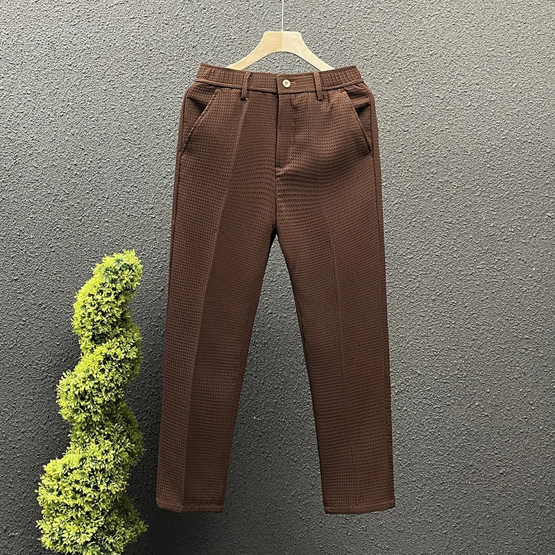 

Busin повседневные облегающие брюки с девятью зубцами, мужские модные прямые брюки против морщин, молодежные летние тенденции, чистый цвет