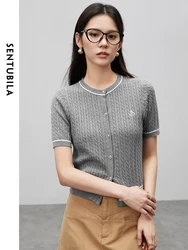 SENTUBILA Cropped Round Neck Knitted Cardigan 2024 Summer Cotton 100% Casual Short Sleeve Tops Soft Knitwear Female W42H55191