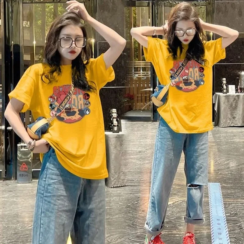 

plus Size 300 Pou Women's T-irt Summer Cartoon Pattern ort Sve Loose Fit round Ne Casual Outerwear Top