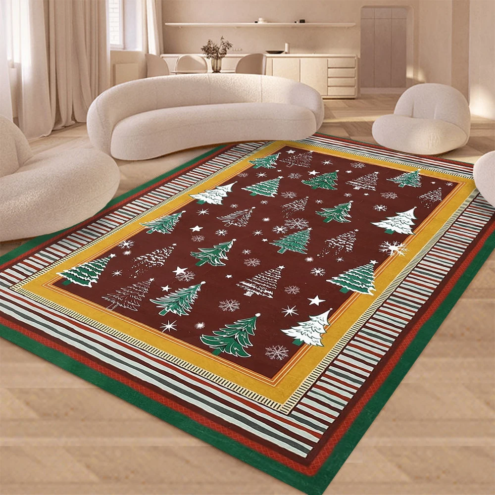 Brown Christmas Tree Snowflake Stripe Border Holiday Area Rug Festive Soft Carpet for Kitchen Dining Cozy Anti Skid Floor Mat
