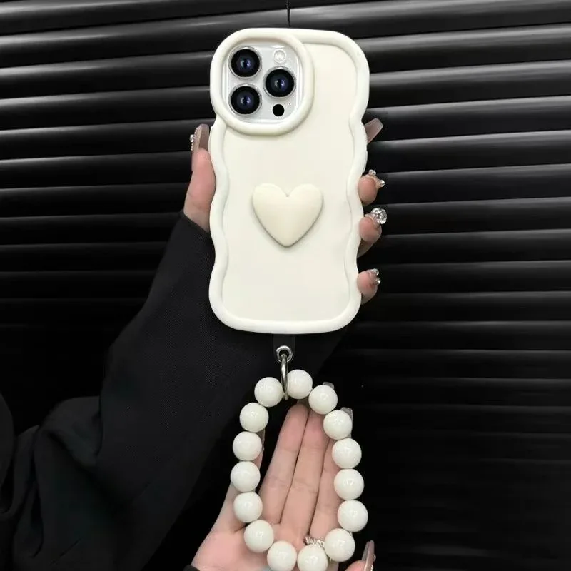 

3D Wave Love Heart Case For Realme 13 12 11 Pro Plus NFC 12X 5G 4G 12+ Black White Couple Soft Cover With Beads