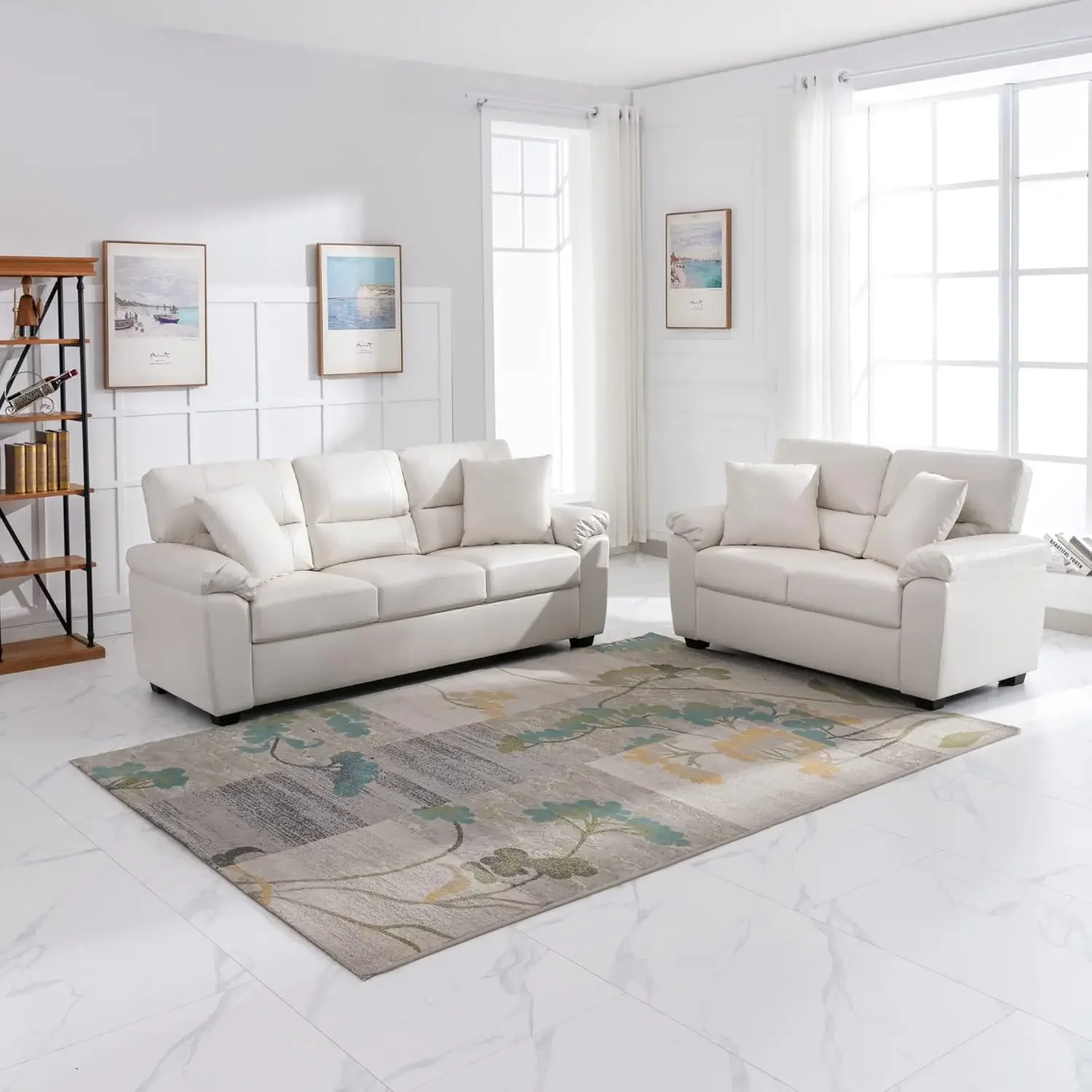 White Leather Love seat and Sofa Set, Modern Luxury and Comfy Furniture Sleeper Couches for Living Room