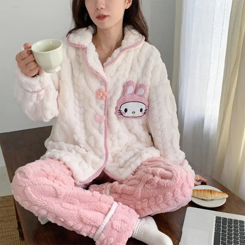 Miniso Girl Coral Fleece Flip Collar Keep Warm Cardigan Pajama Set Kawaii My Melody Comic Fashion Thickening Home Clothes Kit