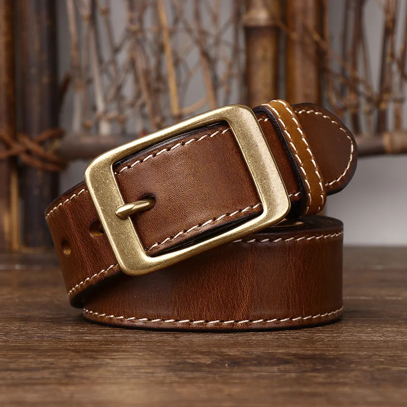 3.8 Cm Thickened Pure Cowhide Genuine Leather for Men's High Quality Jeans Brass Buckle Belts Cowboy Waistband Male Designer