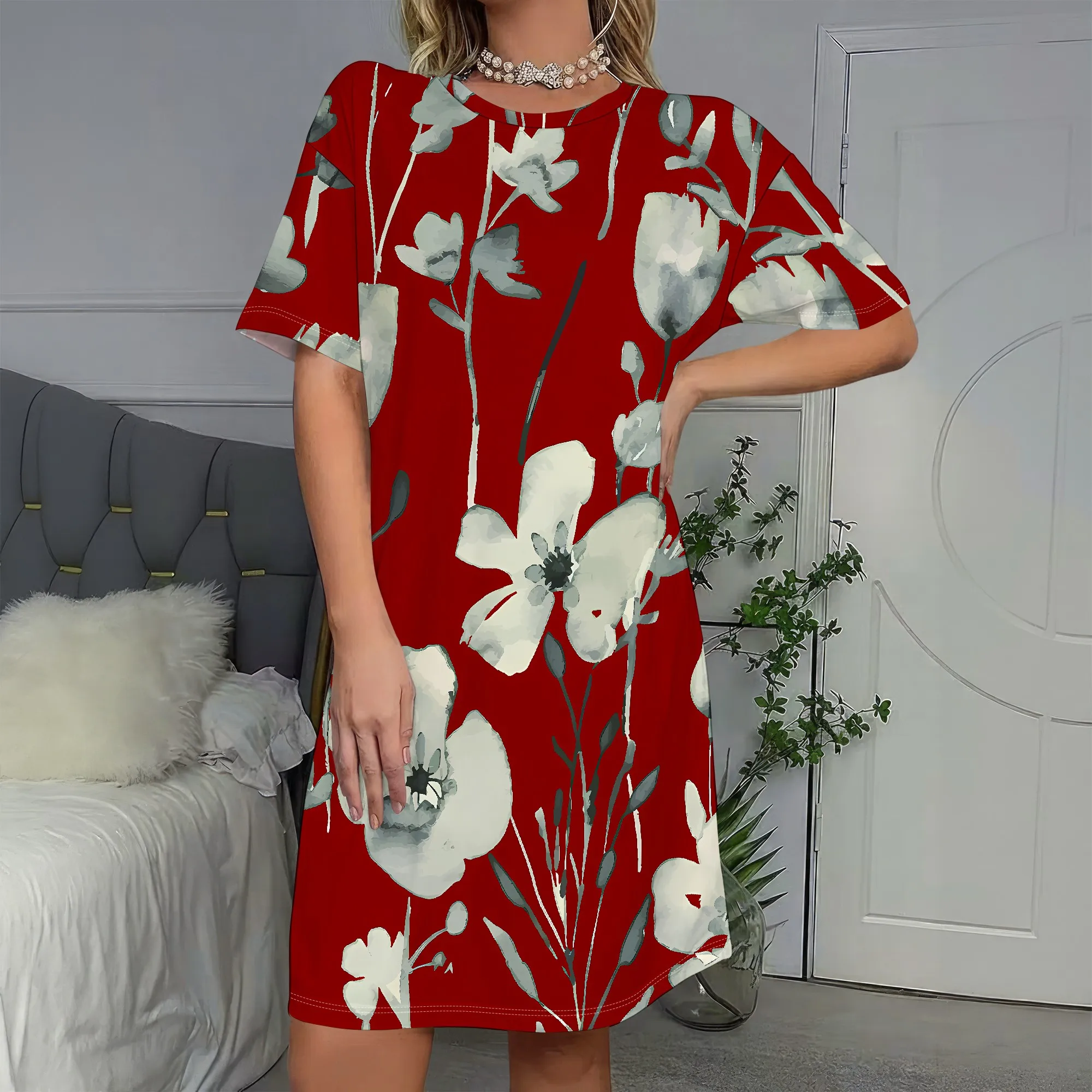 

Floral Print, Short Sleeve Dress, Casual Loose Fit, Boho Style, Red Summer Shift Dress for Women, S-2XL