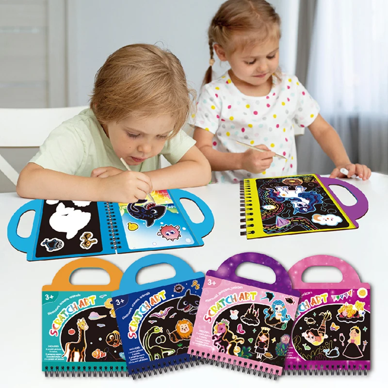 Ensemble de jeu d'art à gratter pour enfants, livre de coloriage, pochoirs de dessin, autocollant, jouet artisanal créatif, jouet éducatif pour activités de la maternelle, cadeau