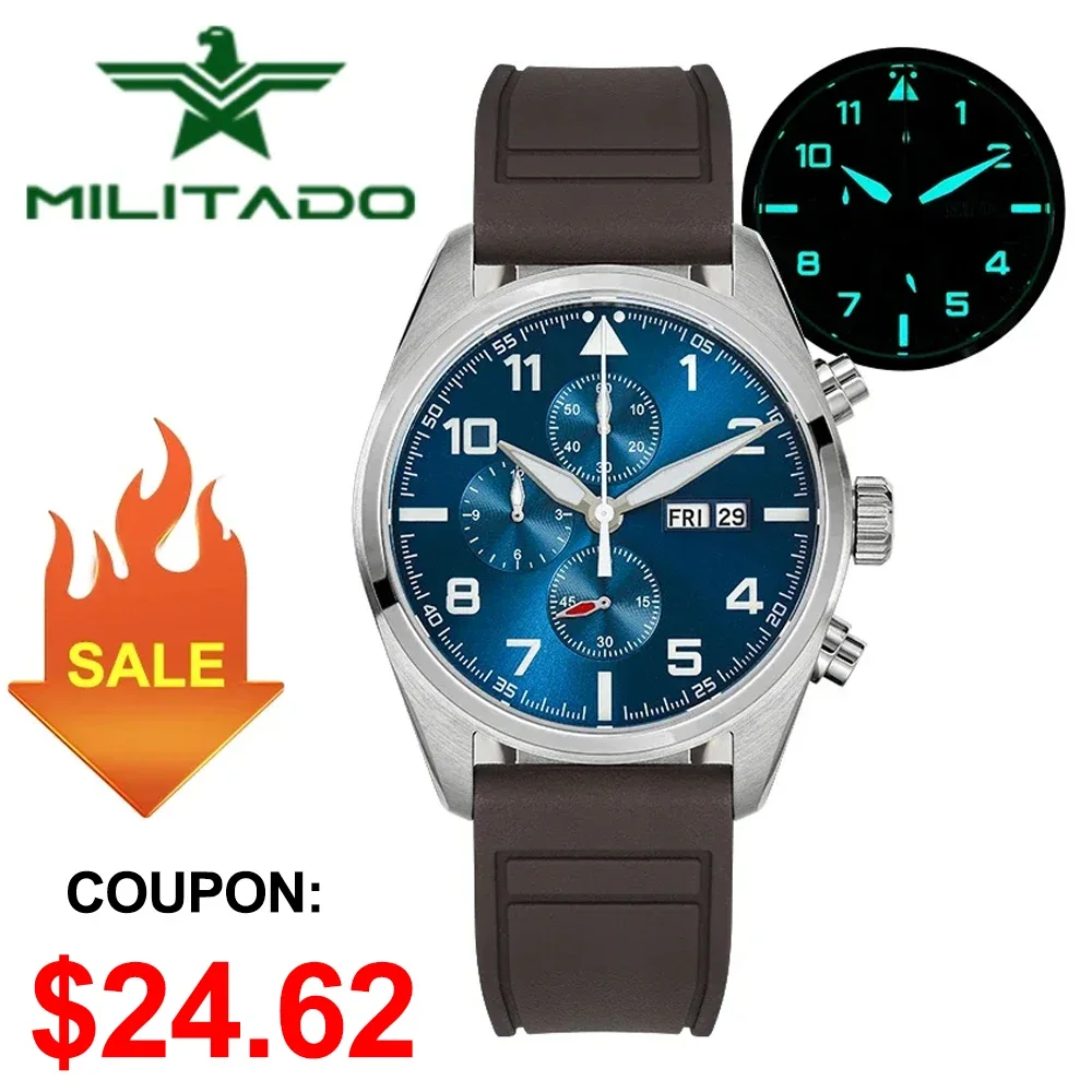 Militado ML04 39mm Quartz Watch Sapphire Crystal Super BGW9 Luminous 100m Water Resistant Stainless Steel Chronograph Watches