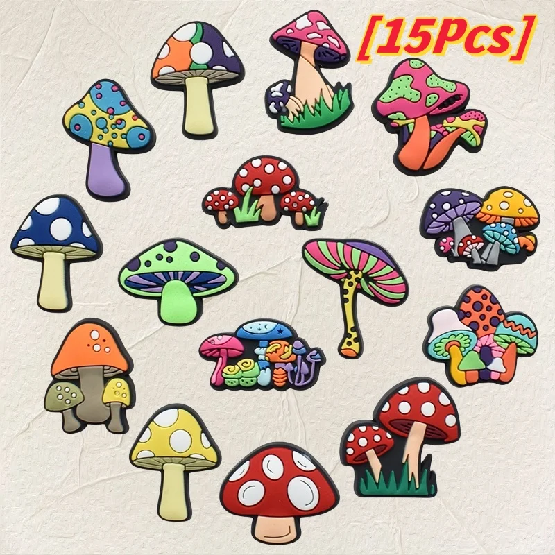 

15 Pieces Colorful Mushroom Series Shoes PVC Soft Accessories Garden Slippers DIY Decoration Plant Cartoon Button Gifts