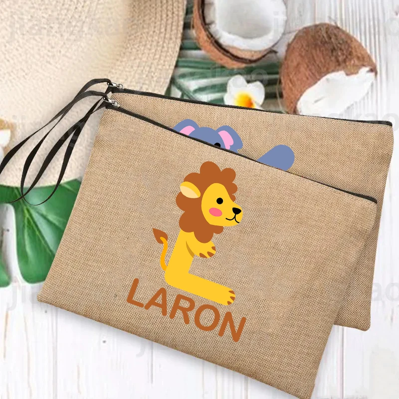 Custom Name Animal Alphabet Print Linen Pencil Bags Personalize Portable Large Capacity Student Pencil Case Back To School Gifts