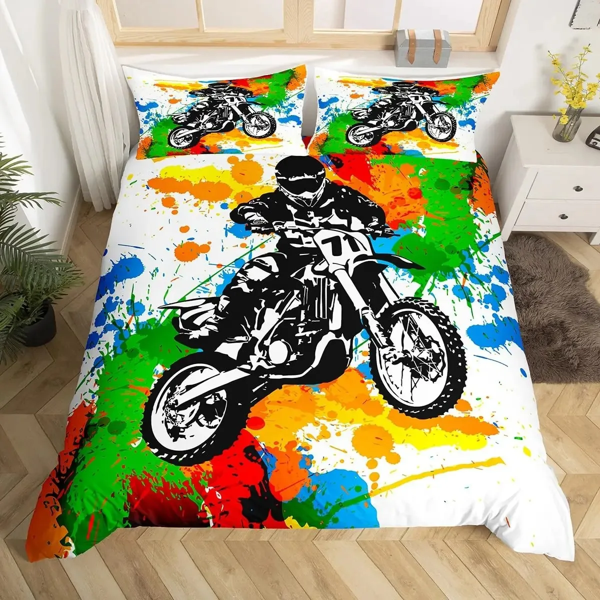 Motocross Bedding Set Full Motorcycle Racer Comforter Cover Extreme Sport Duvet Cover Dirt Bike Motor Vehicles Biker Quilt Cover