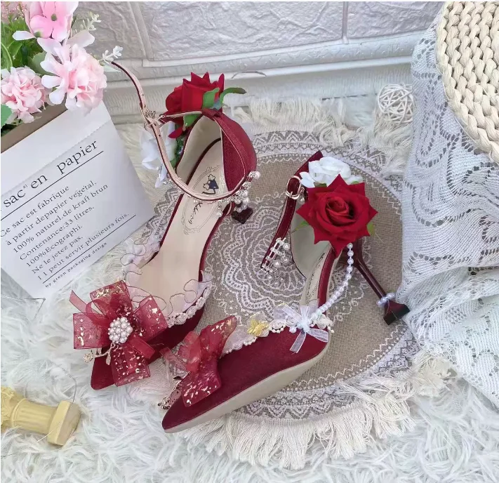 

Original Lolita Red High Heels Women's Sweet and Elegant Bow Silk Women's Party Cos Platform Shoes