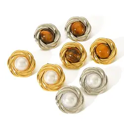 Fashion Statement Elegant 18K Gold Plated Pearl Rose Flower Earrings Dainty Tarnish Free Tiger-eye Stainless Steel Stud Earrings