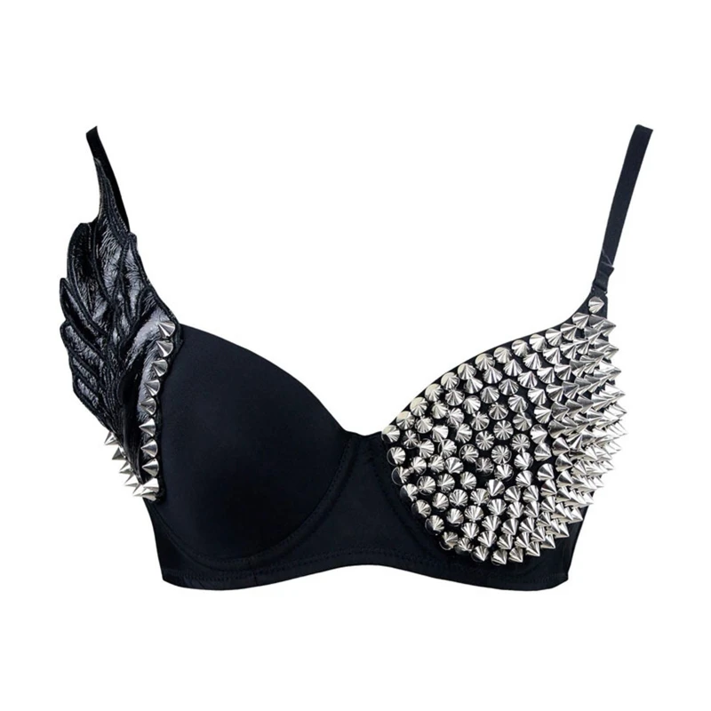 Black Versatile Spiked Bra Tops for Women Handmade Wings Sexy Punk Studded Bras Underwear