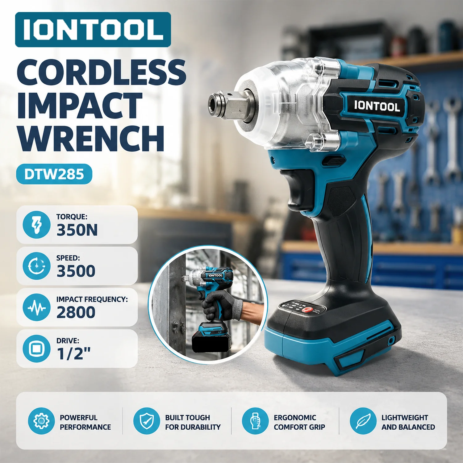 IONTOOL 3500RPM 350N 1/2 Inch Cordless Impact Wrench for Tire Removal Bolt Fastening and Light Duty Auto Mechanical Work
