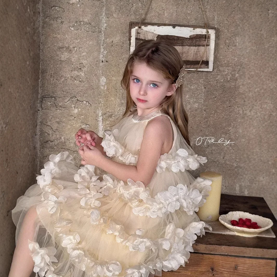 New Children Clothing Girls  Flower Layered Long Dress Korean Princess Dress 2025 Spring Summer  girl dress