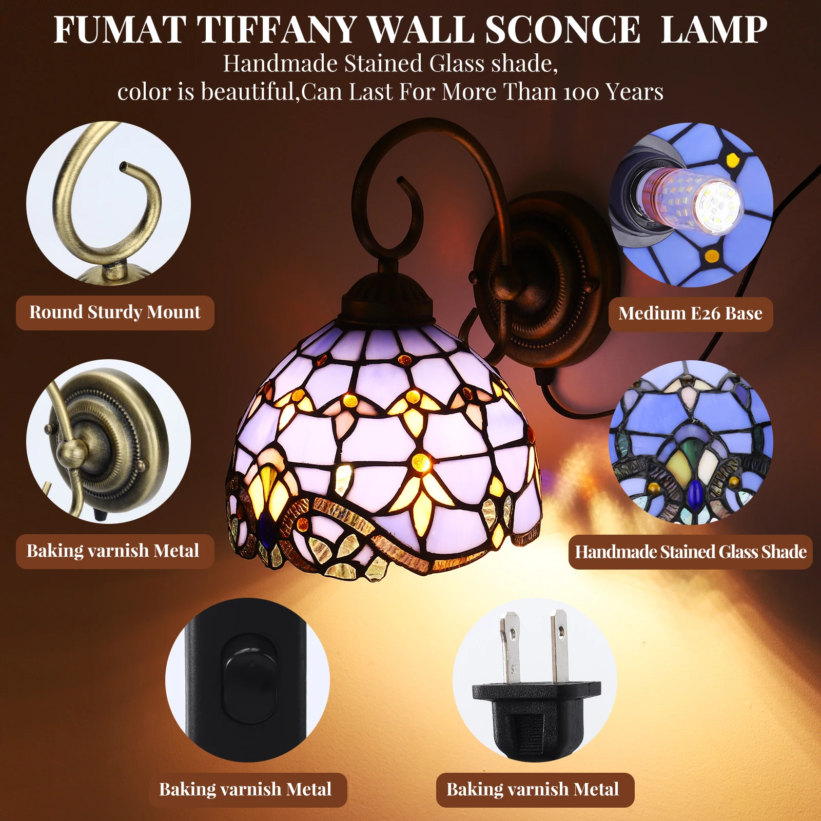 Tiffany Retro Wall Lamps Stained Glass Baroque Asile Stair Wall Mounted Decor Sconce Bedside Bedroom LED Wall Light Wire Control