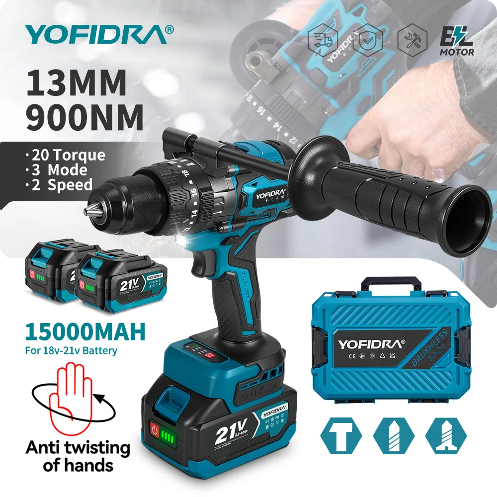 YOFIDRA 900N.M 13MM Trapano Avvitatore Elettrico a Impatto Senza Spazzole 20+3 Coppie Utensile Elettrico Portatile per Batteria Makita