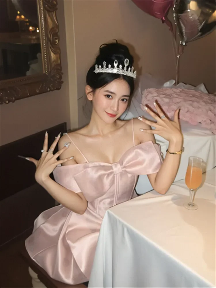 French Celebrity Princess Girl Pink Birthday Dress Women Slash Neck Bow A Line Party Mini Dress Off Shoulder Slim Short Dress