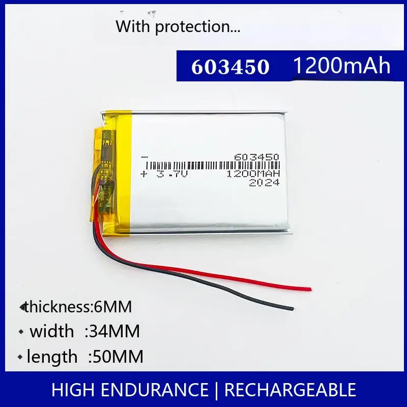 

603450 1200mAh 3.7V Rechargeable LiPo Battery Lithium Ion Polymer Cell GPS BT Speaker Camera DIY