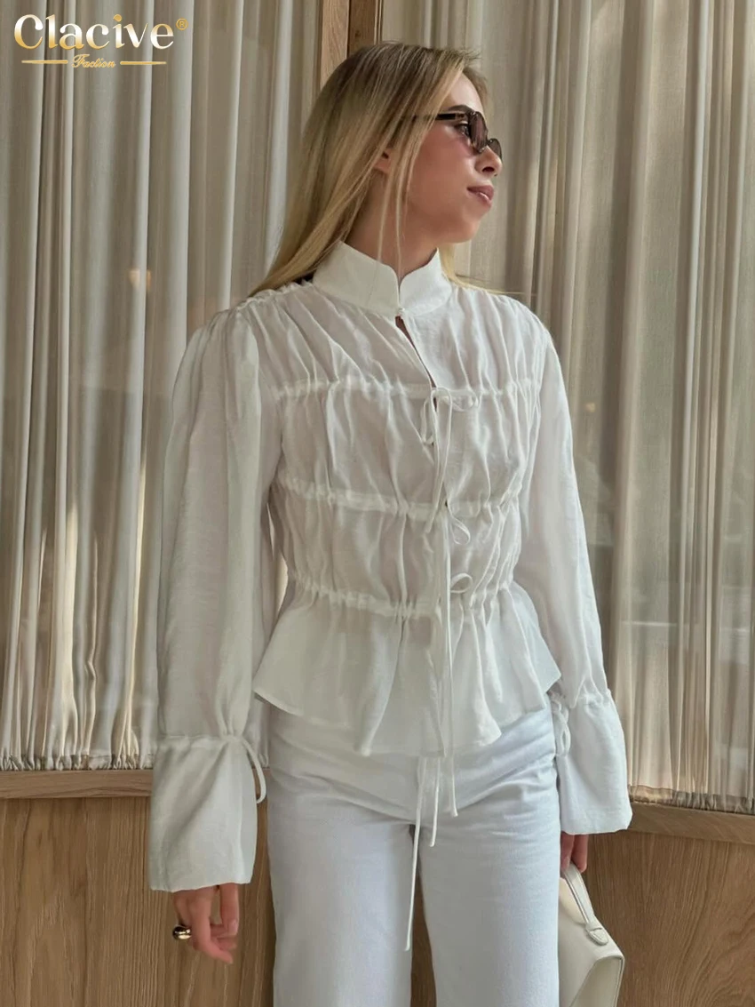 

Clacive Spring Loose White Women's Blouse 2026 Fashion Stand Collar Long Sleeve Shirts Elegant Classic Lace-Up Top Feamle Clothi