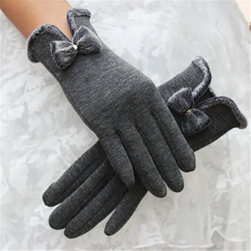 Winter Outdoors Cycling Gloves Non-Inverted Velvet Women's Gloves Cycling Fleece-lined Thickened Bow Touch Screen Gloves Wholesa