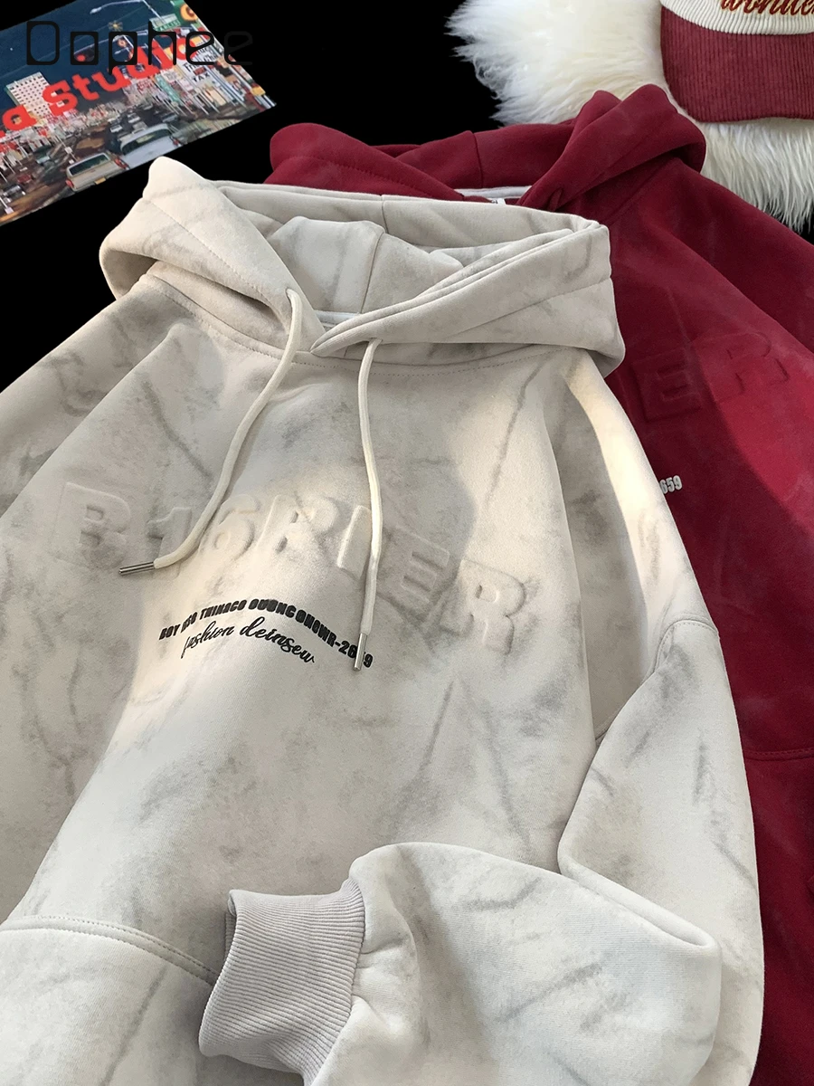 

2025 Spring and Autumn New American Style Youth Wine Red Black Gray Hoodie Street Style Couple Beige Tie-Dye Velvet Top