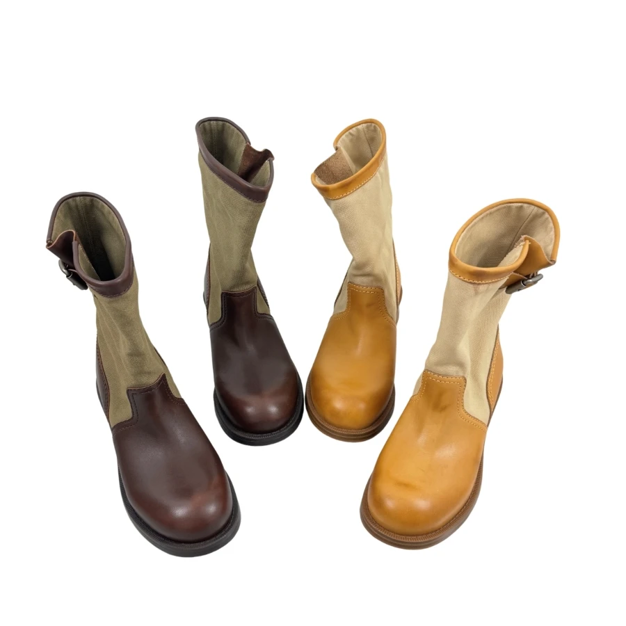 Women Canvas Genuine Leather Spliced MidCalf Boots Round Toe Buckle Strap Thick Sole Retro Western Boots Ladies BH1509