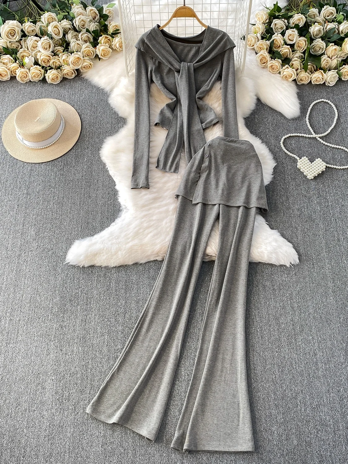 

Ele oulder Wrap Высокая талия для похудения Круглая футболка и брюки Ne Long Sve Комплект из двух предметов для повседневной одежды