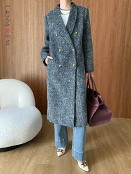 [LANMREM] Office Lady Wool Coat For Women Notched Double Breasted Long Outwear Female Jackets Solid 2024 Winter New 26C126