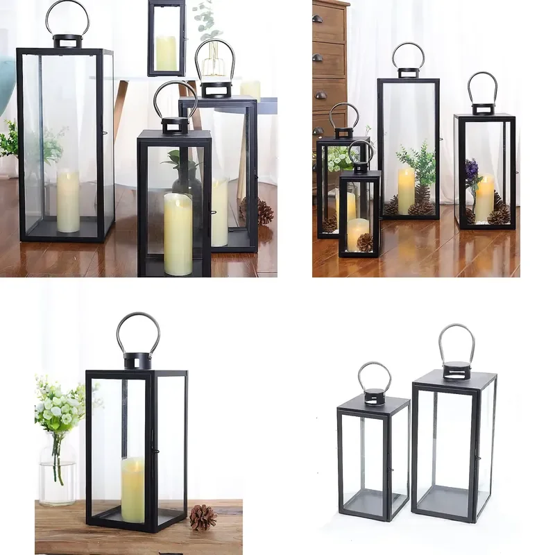 Large Square Metal Candle Holder with LED Light Windproof Crystal Design for Weddings Christmas Home Decor Iron Jar Model
