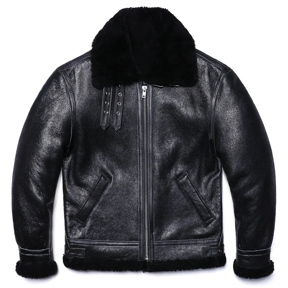 B3 Style Black Thick Sheep Shearling Wool Leather Jacket Original Ecological Fur Genuine Sheepskin Male Warm Coats Flight