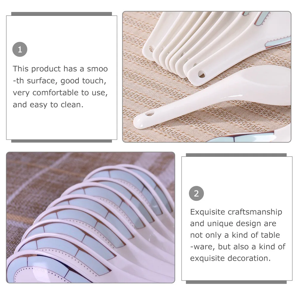 

10Pcs Ceramic Spoon Chinese Design Smooth Touch Lightweight Portable Easy Clean Exquisite Tableware Decoration for Home Canteen