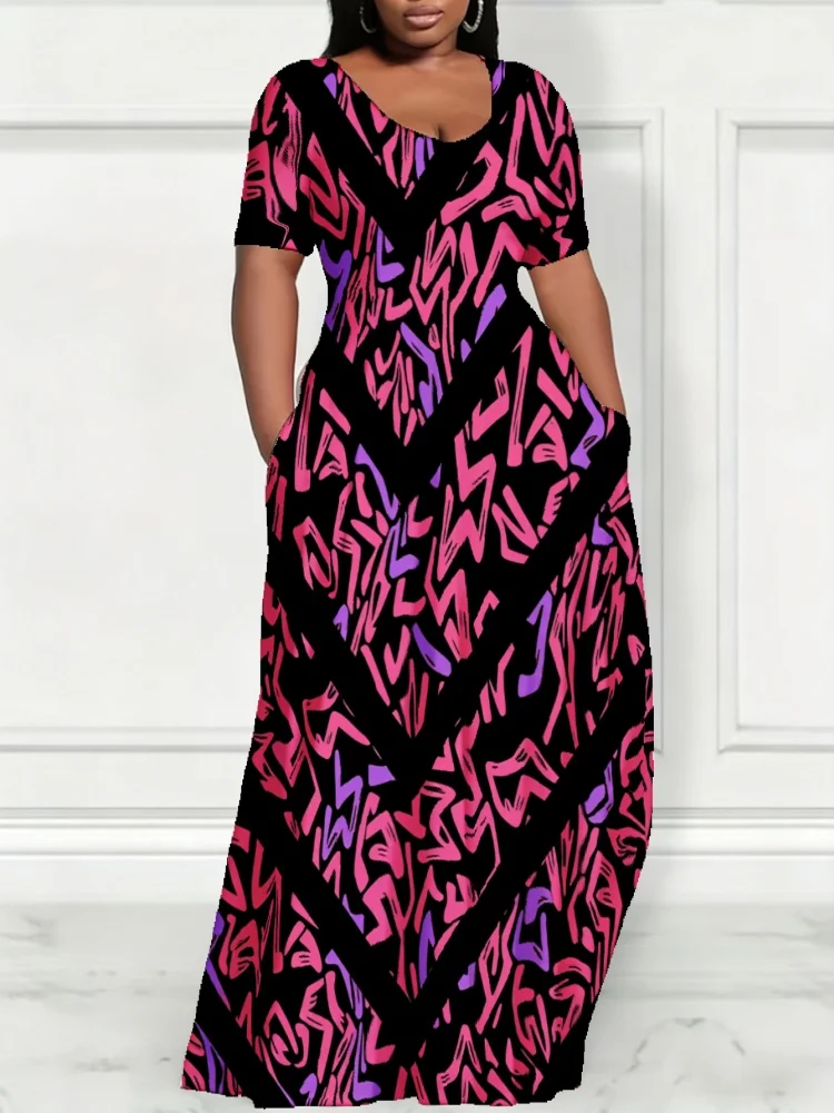 

Трендовое макси-платье больших размеров в стиле бохо с геометрическим принтом, женское, с V-образным вырезом, коротким рукавом, повседневное, с карманами, длинное, в этническом стиле, для лета и пляжа