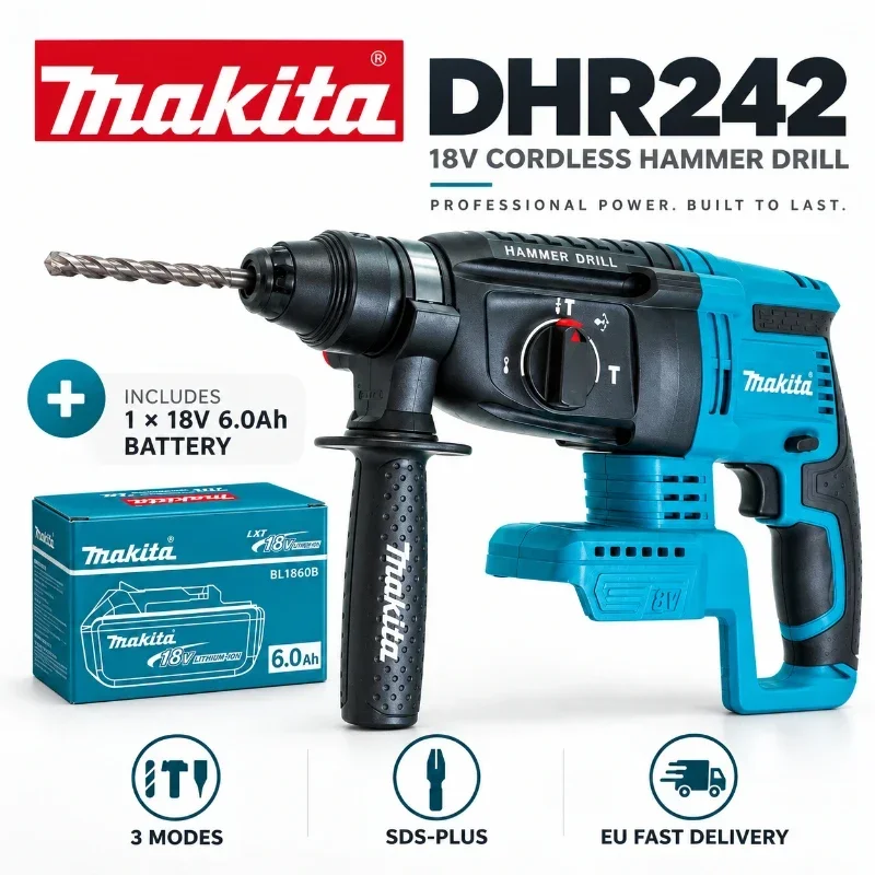 Makita DHR242 18V LXT Trapano Rotativo Professionale, Martello Tassellatore Brushless Senza Fili SDS Plus 24mm per Calcestruzzo, 4700 IPM 2.0J 3 Modalità di Lavoro, Compatibile con BL1860B BL1850B