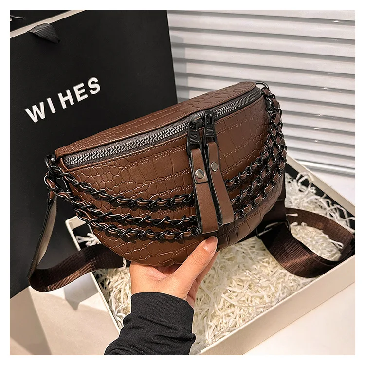 Fashion Chain Waist Bag Women PU Wide Shoulder Strap Chest Bag Waist Packs Crossbody Bag Large Capacity Fanny Pack for Women