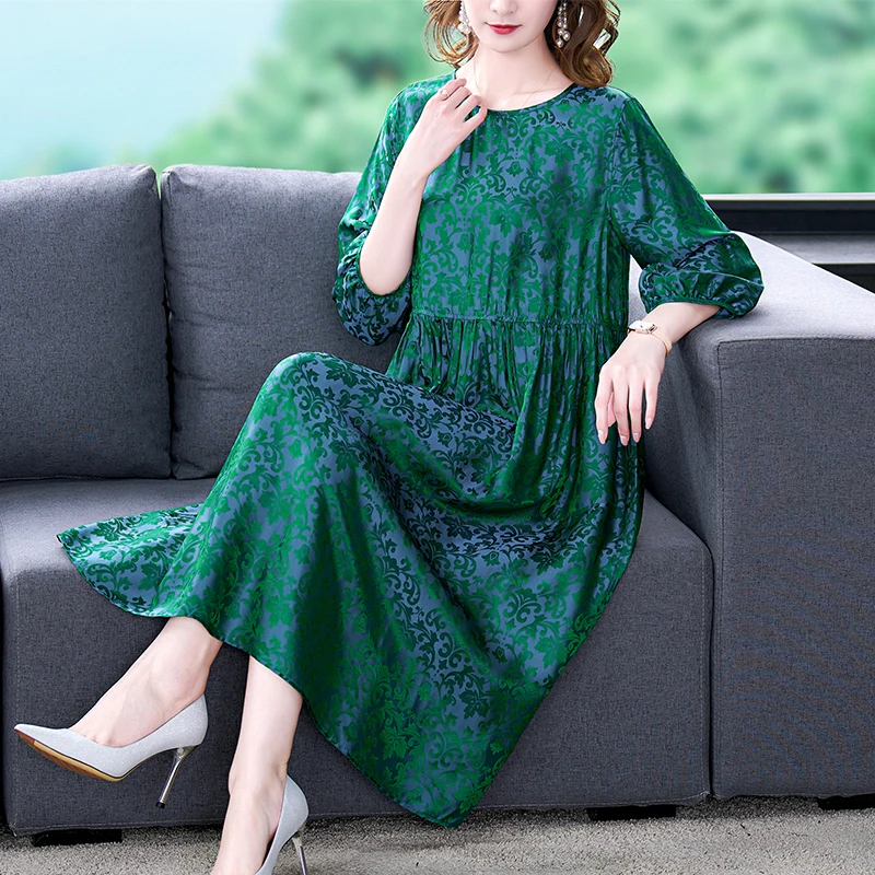 

2023 New Fashion Silk Printed Dress Women's Summer Vintage Silk Round Neck Loose Fit Casual Holiday Dress Vestidos