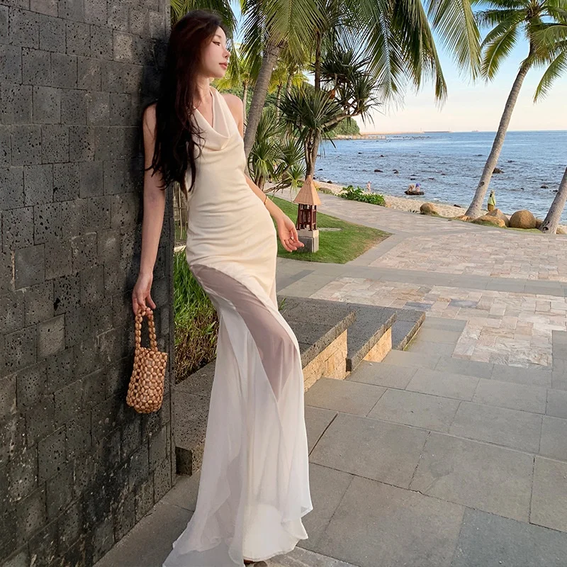 Sexy Bikini Long Dress Hanging Neck Dress Summer Backless Beach Travel Outfit Photo Beach Swimsuits Women's Dress