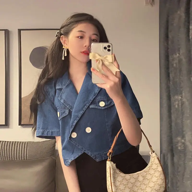 

Denim Jackets for Women Loose Casual Short Sleeve Summer Solid All-match Button Korean Style Streetwear Chic Popular Office Lady