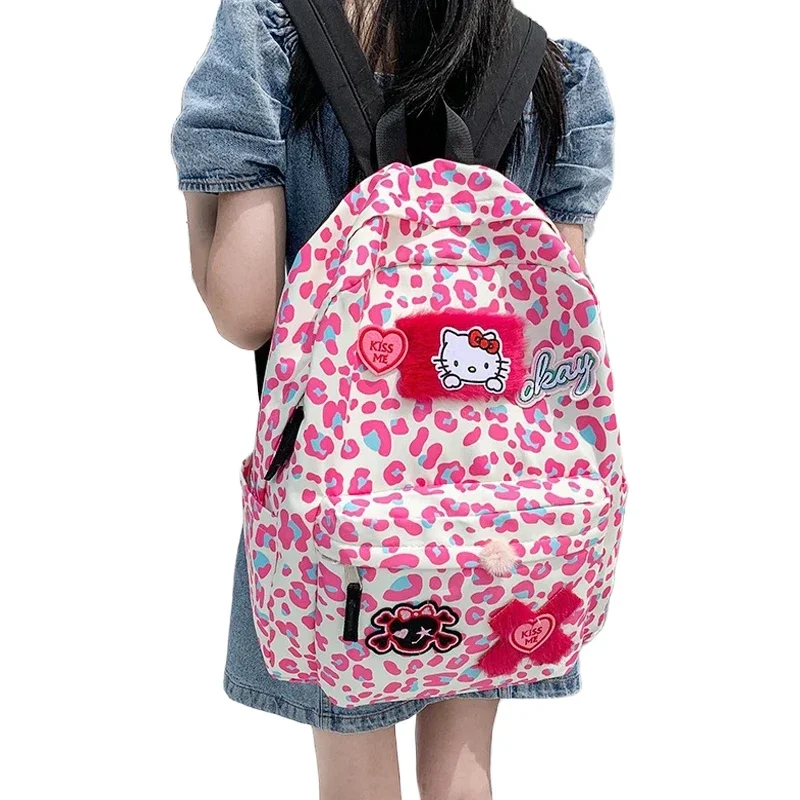 Mochila con estampado de leopardo para niña, Bolsa Escolar portátil de gran capacidad, bonita, de color rosa, con dibujos animados de Hello Kitty