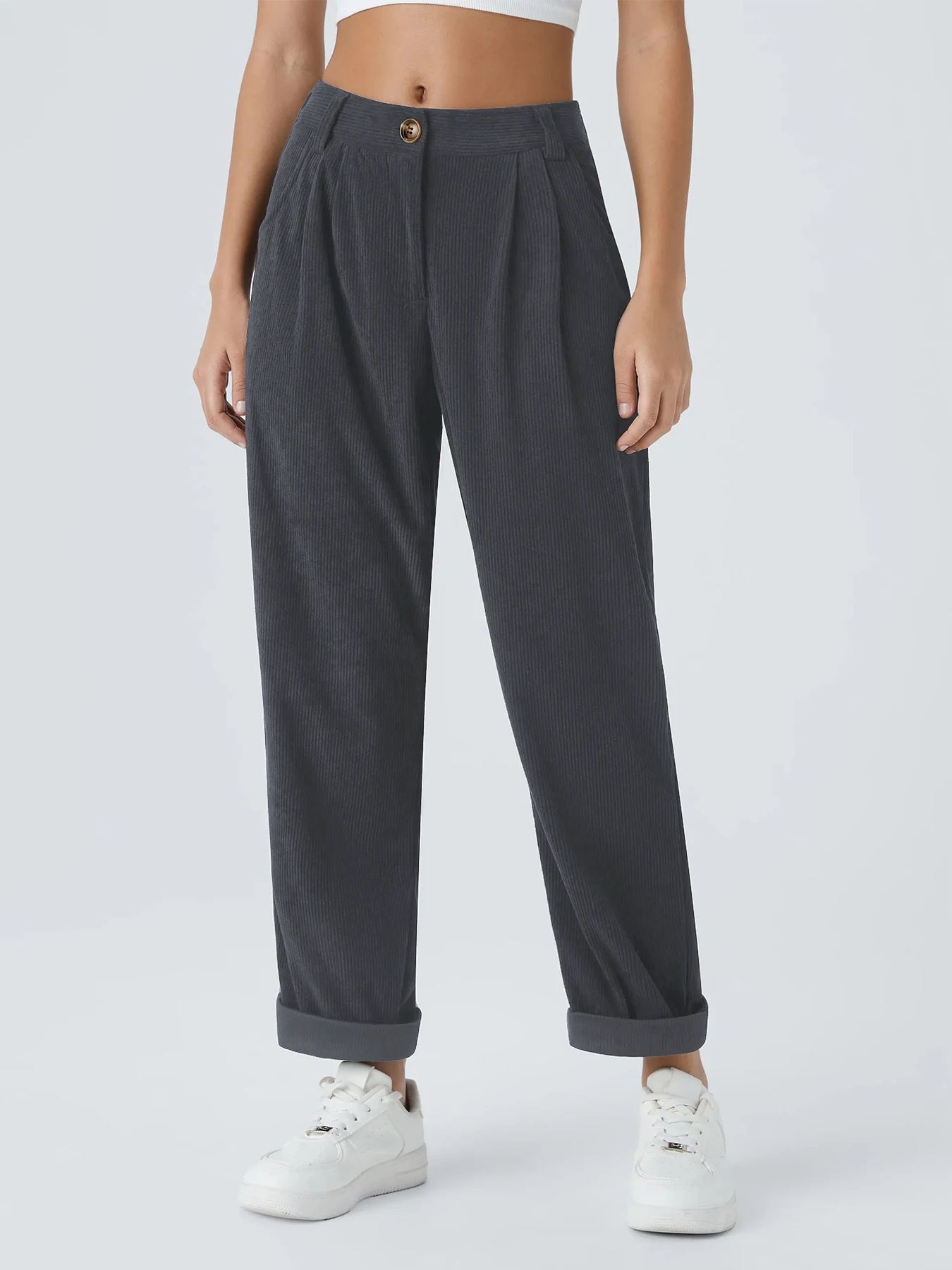 Neue Herbst- und Winter-Freizeitanzüge für Damen in Unifarben aus Cord mit weitem Bein und geraden, samtartigen Hosen, die schlank aussehen – Detail 8