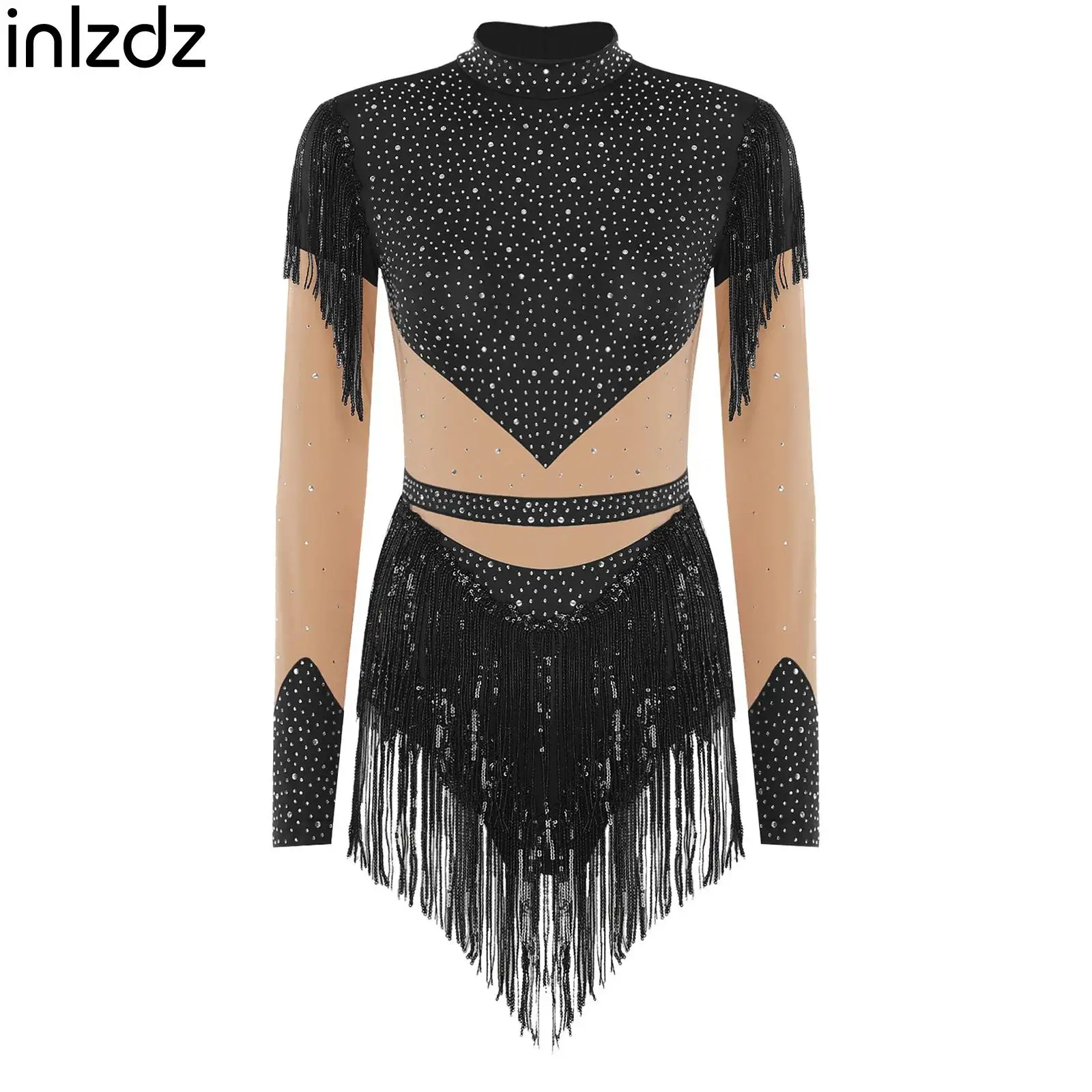 

Womens Rhinestone Figure Skating Bodysuit Gymnastics Leotard Sequin Tassel Long Sleeve Latin Chacha Rumba Dance Leotard Jumpsuit
