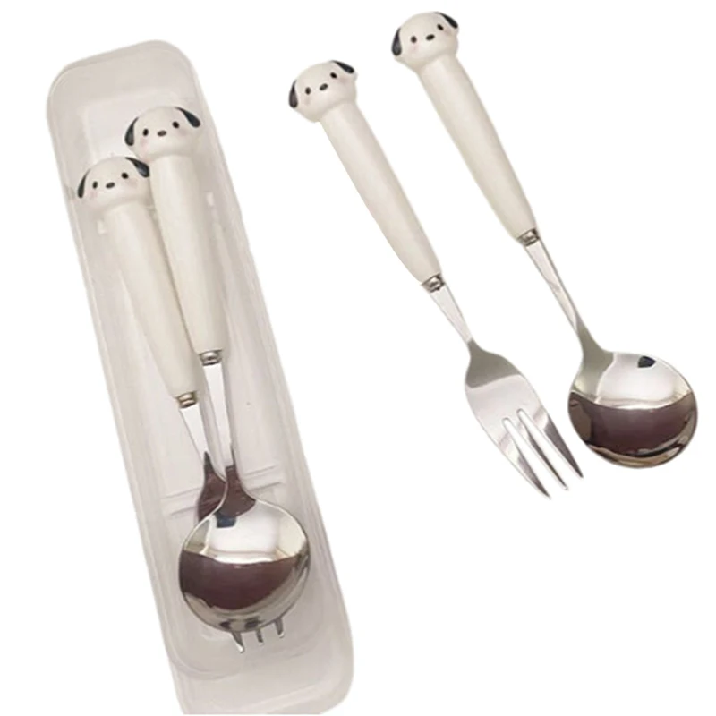 Mignon dessin animé chiot cochon cuillère fourchette baguettes couverts en acier inoxydable Portable étudiant Kawaii couverts enfants boîte de rangement ensemble