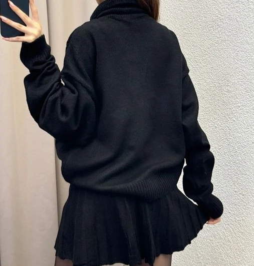 New Two Piece Women Outfit Autumn Winter Cropped High Neck long sleeve Knit Sweater Pullover Loose High Waist A Line Mini Skirt